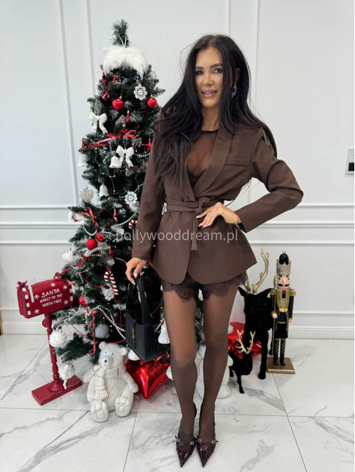 Brązowa marynarka z wiązanym paskiem i imitacją kieszeni OTYLIA 19 - photo #6