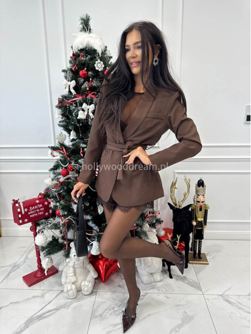 Brązowa marynarka z wiązanym paskiem i imitacją kieszeni OTYLIA 19 - photo #7