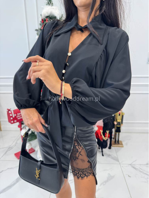 Czarna koszula a'la satyna z wiązaniem, kołnierzykiem i guzikami MARLA 19 - photo #6