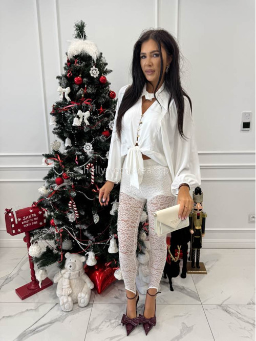 Biała koszula a'la satyna z wiązaniem, kołnierzykiem i guzikami MARLA 19 - photo #2