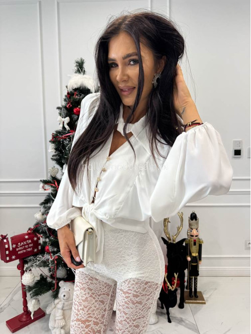 Biała koszula a'la satyna z wiązaniem, kołnierzykiem i guzikami MARLA 19 - photo #5