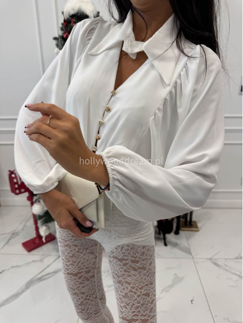 Biała koszula a'la satyna z wiązaniem, kołnierzykiem i guzikami MARLA 19 - photo #7