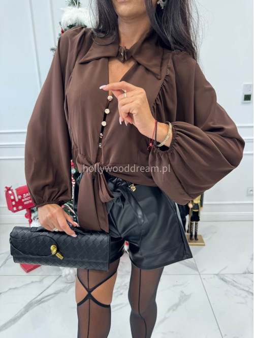 Brązowa koszula a'la satyna z wiązaniem, kołnierzykiem i guzikami MARLA 19 - photo #9