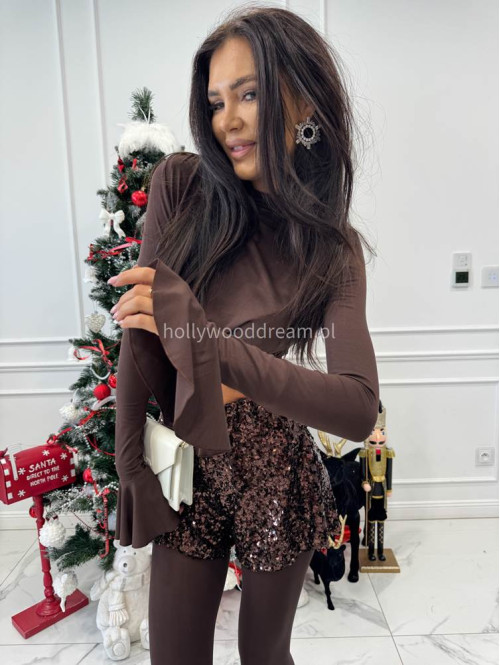 Czekoladowa bluzka crop top z rękawem dzwonek Gabi 69 - photo #5
