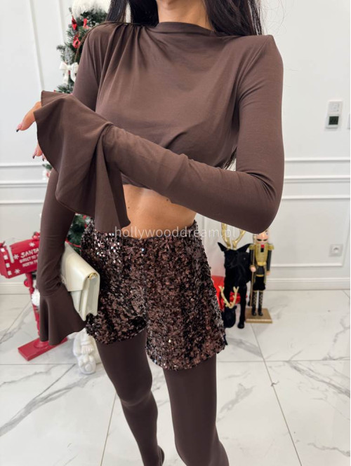 Czekoladowa bluzka crop top z rękawem dzwonek Gabi 69 - photo #8
