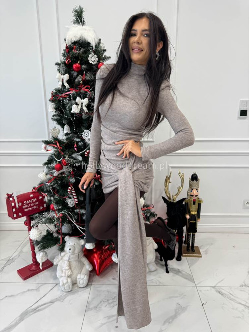 Cappuccino komplet sweterkowy golf + spódniczka z wiązaniem POPPY 161 - photo #4