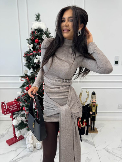 Cappuccino komplet sweterkowy golf + spódniczka z wiązaniem POPPY 161 - photo #6