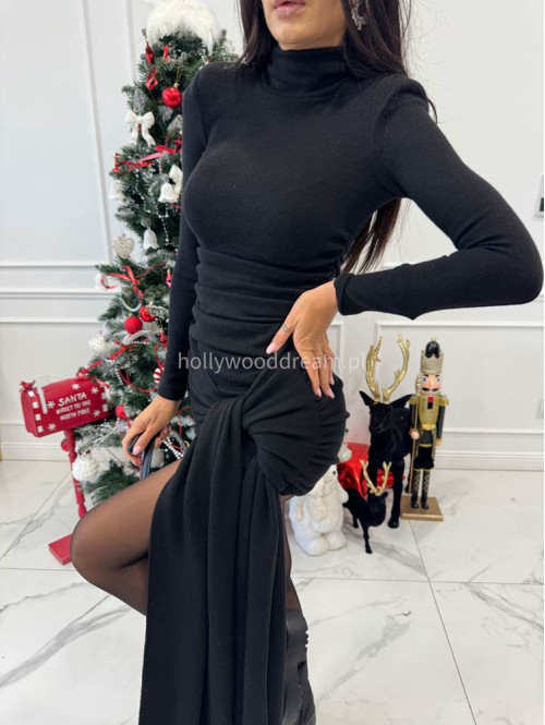 Czarny komplet sweterkowy golf + spódniczka z wiązaniem POPPY 161 - photo #2