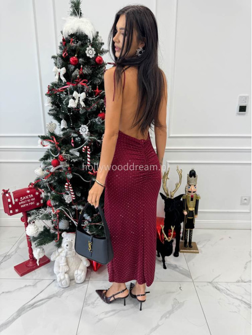 Bordowa Sukienka maxi z lejącym dekoltem+odkyte plecy z cekinami SHELBY 26 - photo #9