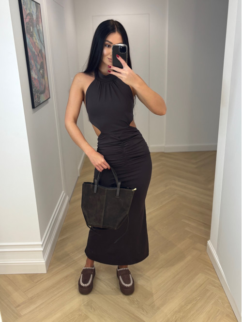 Czekoladowa sukienka maxi z dekoltem halter Ofelia 26 - photo #6