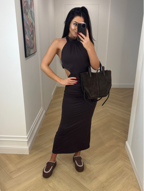 Czekoladowa sukienka maxi z dekoltem halter Ofelia 26 - photo #7