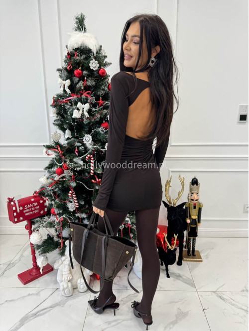 Brązowa sukienka mini z drapowaniem i falbaną na przodzie Ilona 26 - photo #8