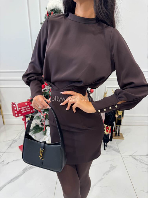 Brązowa sukienka mini z odkrytymi plecami i guzikami na rękawach ZOE 196 - photo #5