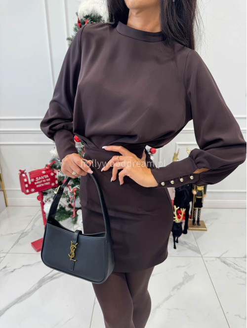 Brązowa sukienka mini z odkrytymi plecami i guzikami na rękawach ZOE 196 - photo #6