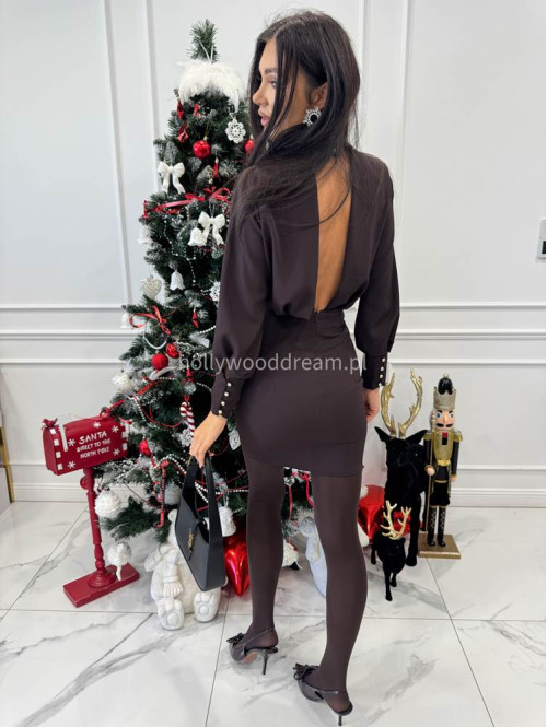 Brązowa sukienka mini z odkrytymi plecami i guzikami na rękawach ZOE 196 - photo #10