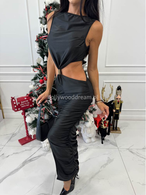 Czarna sukienka z drapowaniem, wycięciami i biżuteryjnym zdobieniem Betty 26 - photo #3