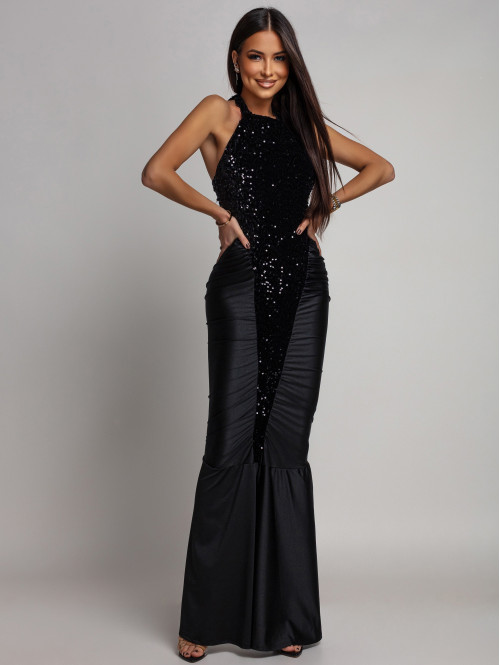 Czarna sukienka z drapowaniem, wycięciami i biżuteryjnym zdobieniem Betty 26 - photo #12