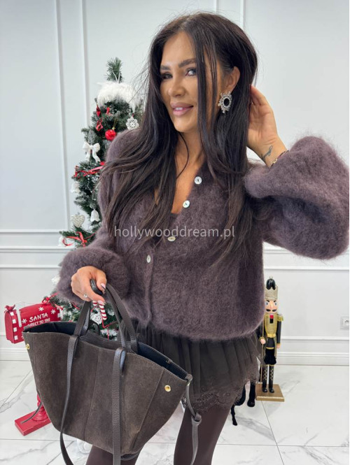 Czekoladowy sweter kardigan z poszerzanymi rękawami Paulo 52 - photo #6