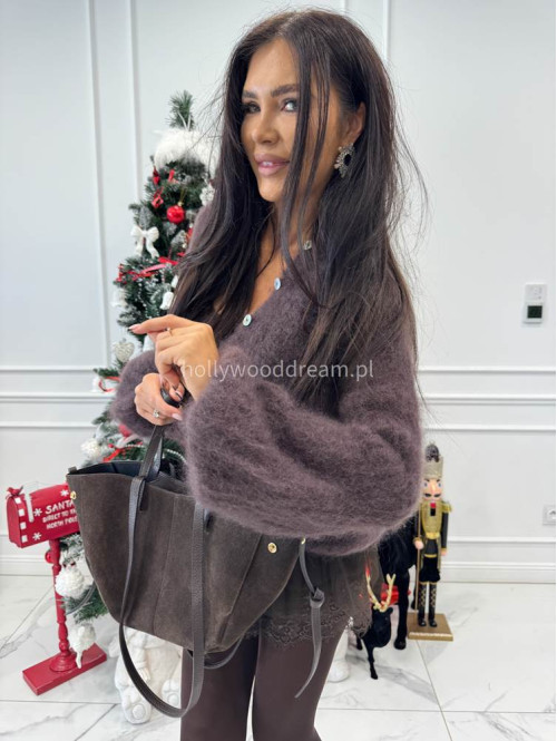 Czekoladowy sweter kardigan z poszerzanymi rękawami Paulo 52 - photo #7