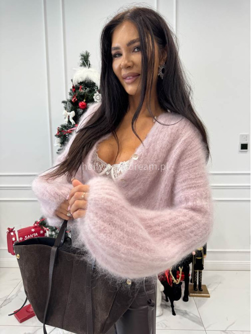 Brudny róż sweter kardigan z poszerzanymi rękawami Paulo 52 - photo #4
