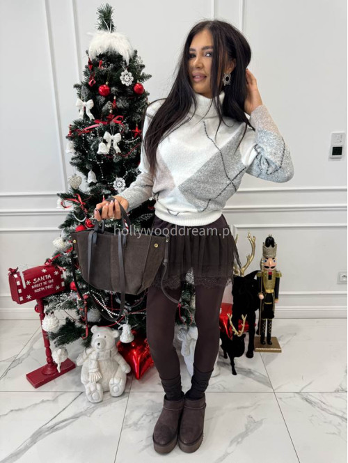 Śmietankowo-beżowo-szary sweter z golfem we wzory JEREMI 06 - photo #2