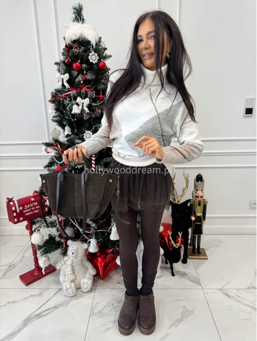 Śmietankowo-beżowo-szary sweter z golfem we wzory JEREMI 06 - photo #3