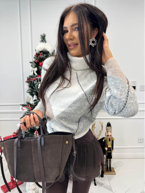 Śmietankowo-beżowo-szary sweter z golfem we wzory JEREMI 06 - photo #6