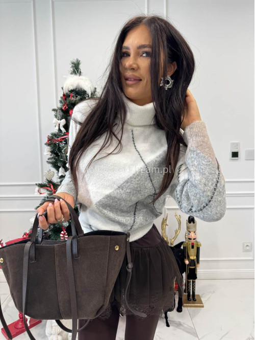 Śmietankowo-beżowo-szary sweter z golfem we wzory JEREMI 06 - photo #7