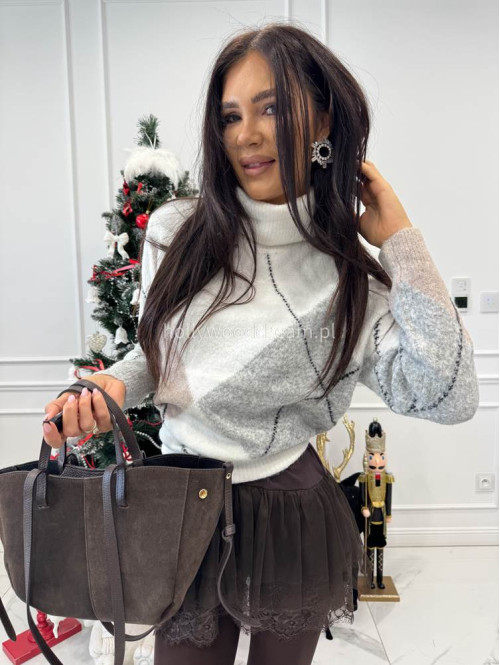 Śmietankowo-beżowo-szary sweter z golfem we wzory JEREMI 06 - photo #8