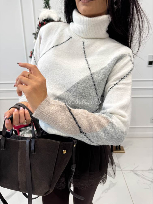 Śmietankowo-beżowo-szary sweter z golfem we wzory JEREMI 06 - photo #10