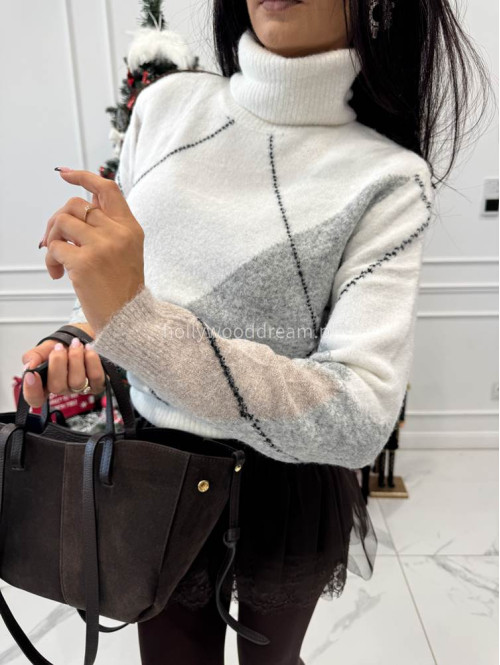 Śmietankowo-beżowo-szary sweter z golfem we wzory JEREMI 06 - photo #11