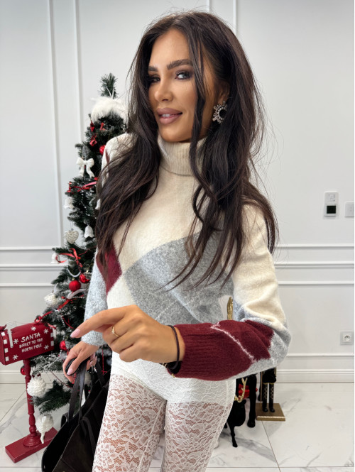 Śmietankowo-szaro-bordowy sweter z golfem we wzory JEREMI 06