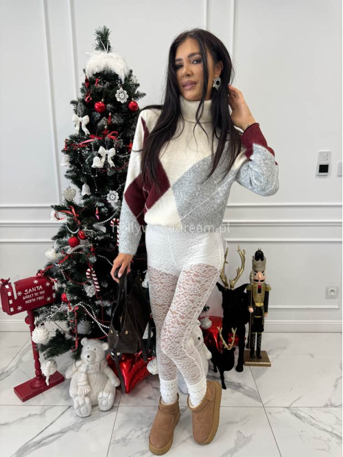 Śmietankowo-szaro-bordowy sweter z golfem we wzory JEREMI 06 - photo #2