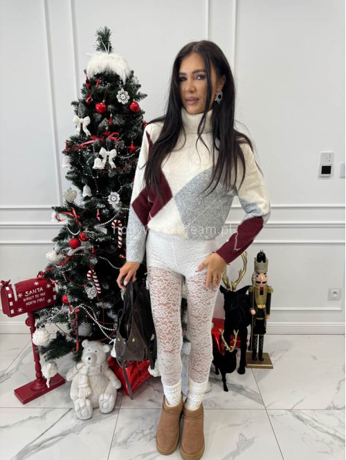 Śmietankowo-szaro-bordowy sweter z golfem we wzory JEREMI 06 - photo #3