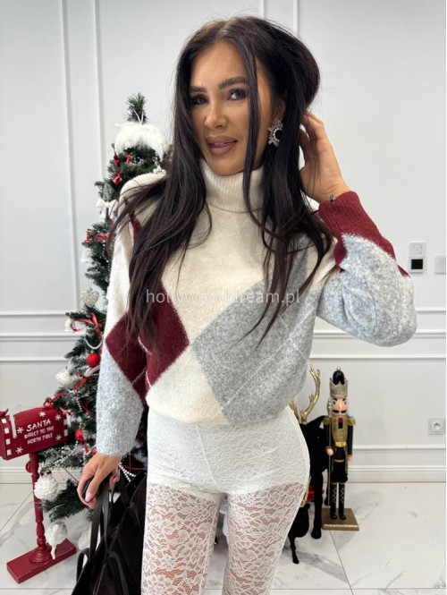 Śmietankowo-szaro-bordowy sweter z golfem we wzory JEREMI 06 - photo #5