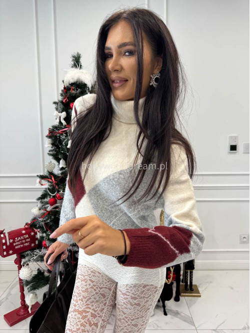 Śmietankowo-szaro-bordowy sweter z golfem we wzory JEREMI 06 - photo #6