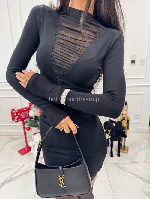 Czarna sukienka mini z golfem i siatką na dekolcie Meredit 30 - photo #1