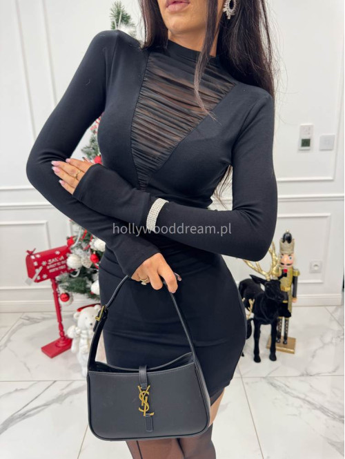 Czarna sukienka mini z golfem i siatką na dekolcie Meredit 30 - photo #2