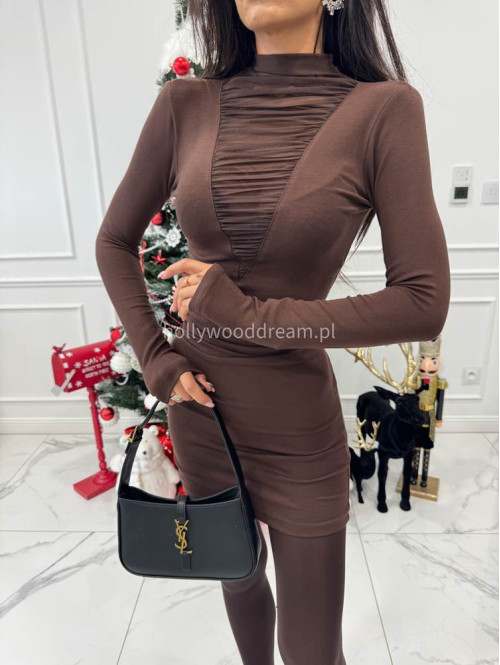 Brązowa sukienka mini z golfem i siatką na dekolcie Meredit 30 - photo #1