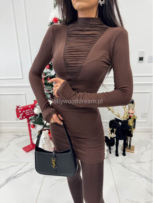 Brązowa sukienka mini z golfem i siatką na dekolcie Meredit 30 - photo #2