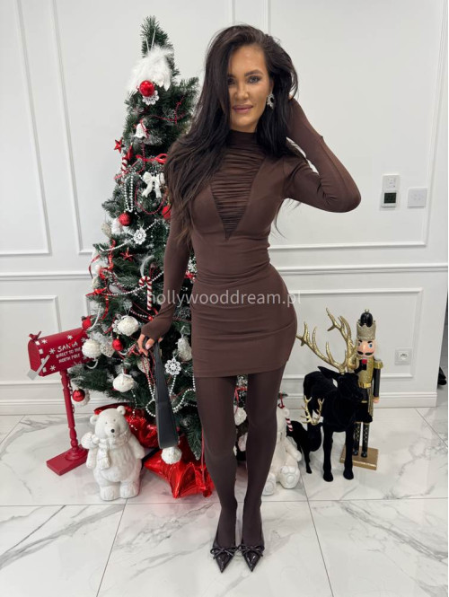 Brązowa sukienka mini z golfem i siatką na dekolcie Meredit 30 - photo #8