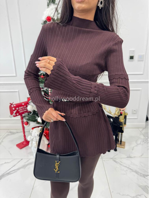 Czekoladowa sukienka mini prążkowana z ażurowym wzorem Paris 09 - photo #9