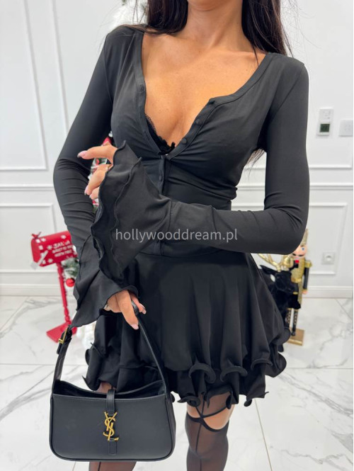 Czarna sukienka mini a'la bombka z rękawami dzwonek Daria 09 - photo #2