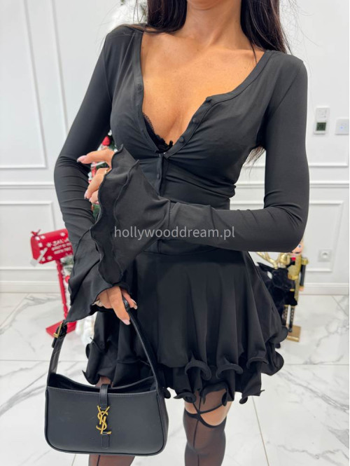 Czarna sukienka mini a'la bombka z rękawami dzwonek Daria 09 - photo #3