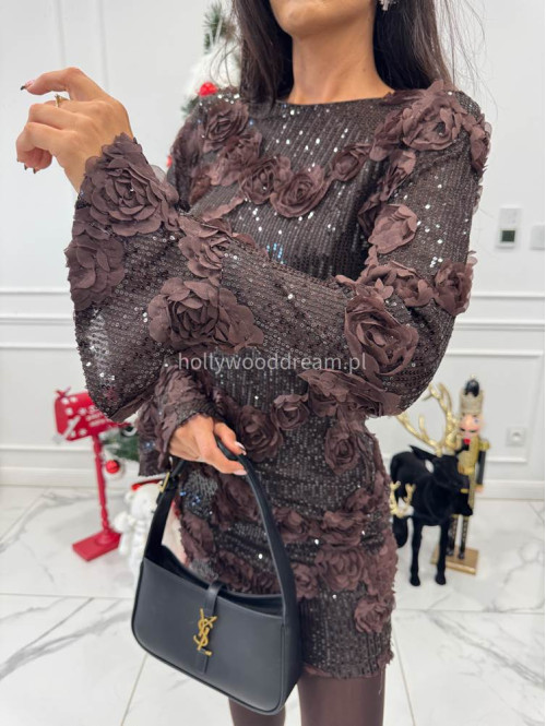 Czekoladowa sukienka mini cekinowa z kwiatami 3D BLOOM 09 - photo #7