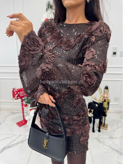Czekoladowa sukienka mini cekinowa z kwiatami 3D BLOOM 09 - photo #8