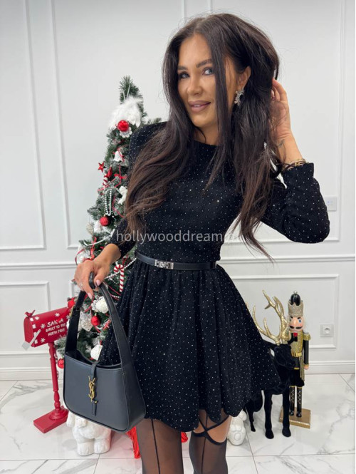 Czarna sukienka mini rozkloszowana a'la sztruksowa zdobiona cyrkoniami SPARKLE 09 - photo #6