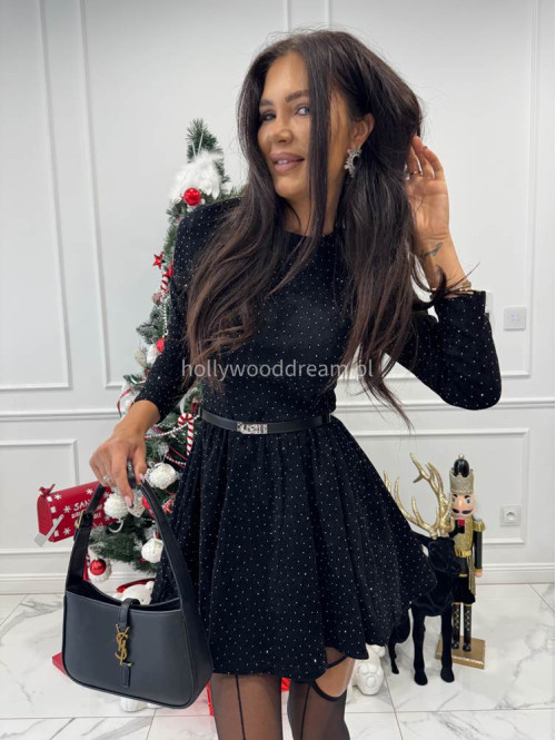 Czarna sukienka mini rozkloszowana a'la sztruksowa zdobiona cyrkoniami SPARKLE 09 - photo #9