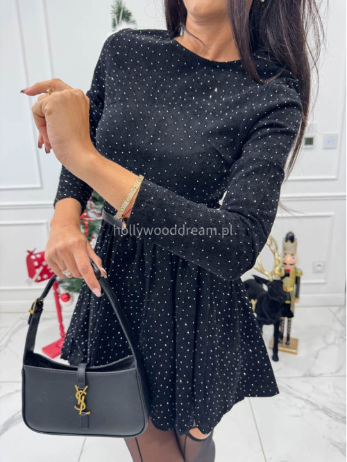 Czarna sukienka mini rozkloszowana a'la sztruksowa zdobiona cyrkoniami SPARKLE 09 - photo #10