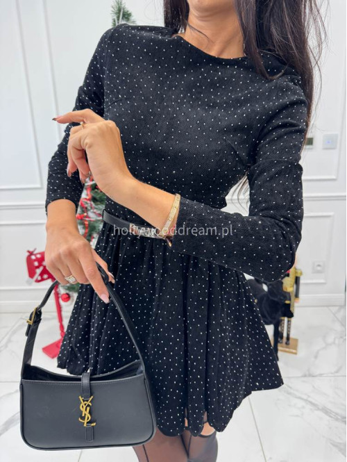 Czarna sukienka mini rozkloszowana a'la sztruksowa zdobiona cyrkoniami SPARKLE 09 - photo #11